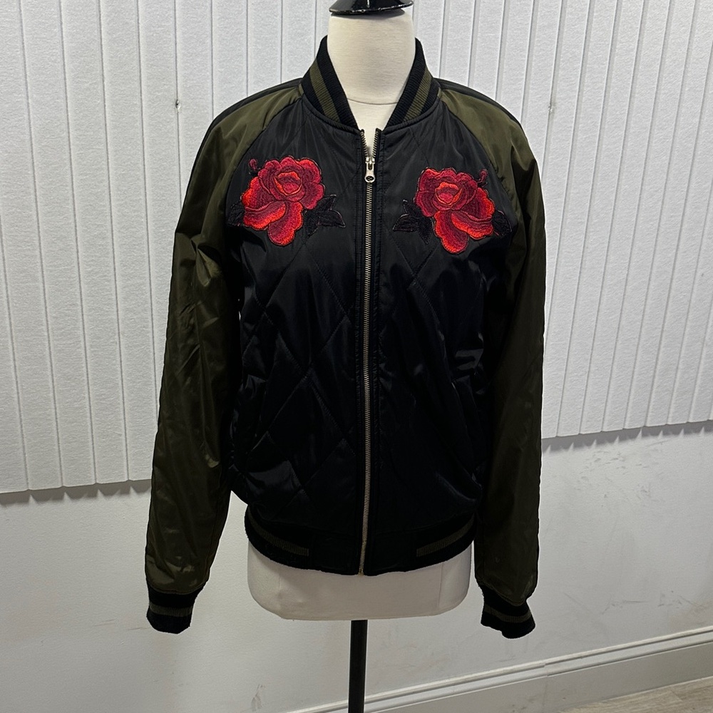 Forever 21 Black and Olive Bomber Jacket with Red Rose Embroidery